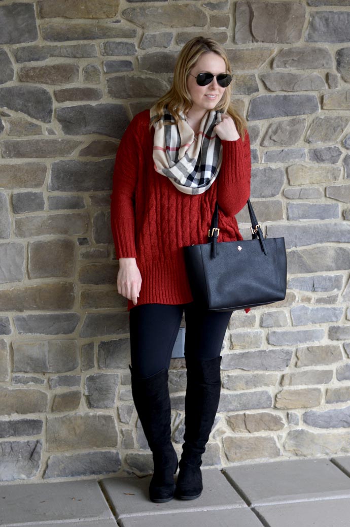 red pullover outfit