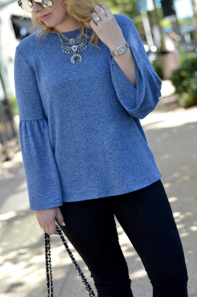 bell sleeve top and bib necklace