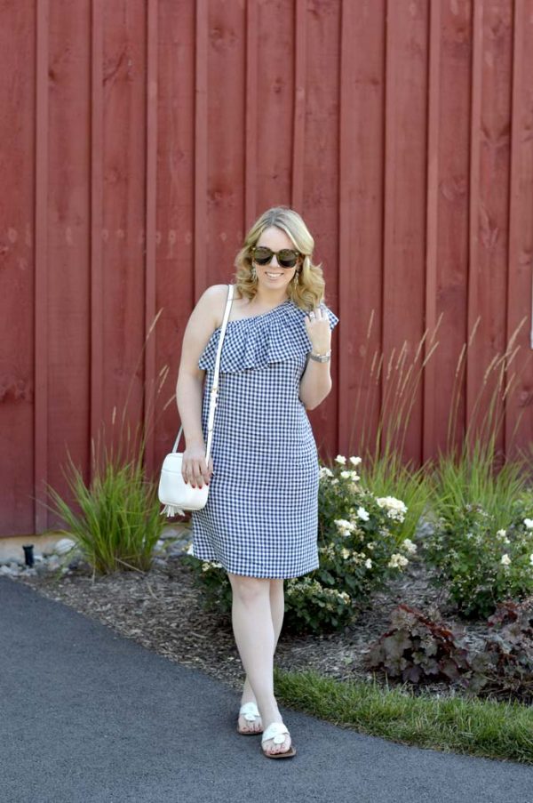 One Shoulder Gingham Dress: Summer BBQ Outfit - A Blonde's Moment