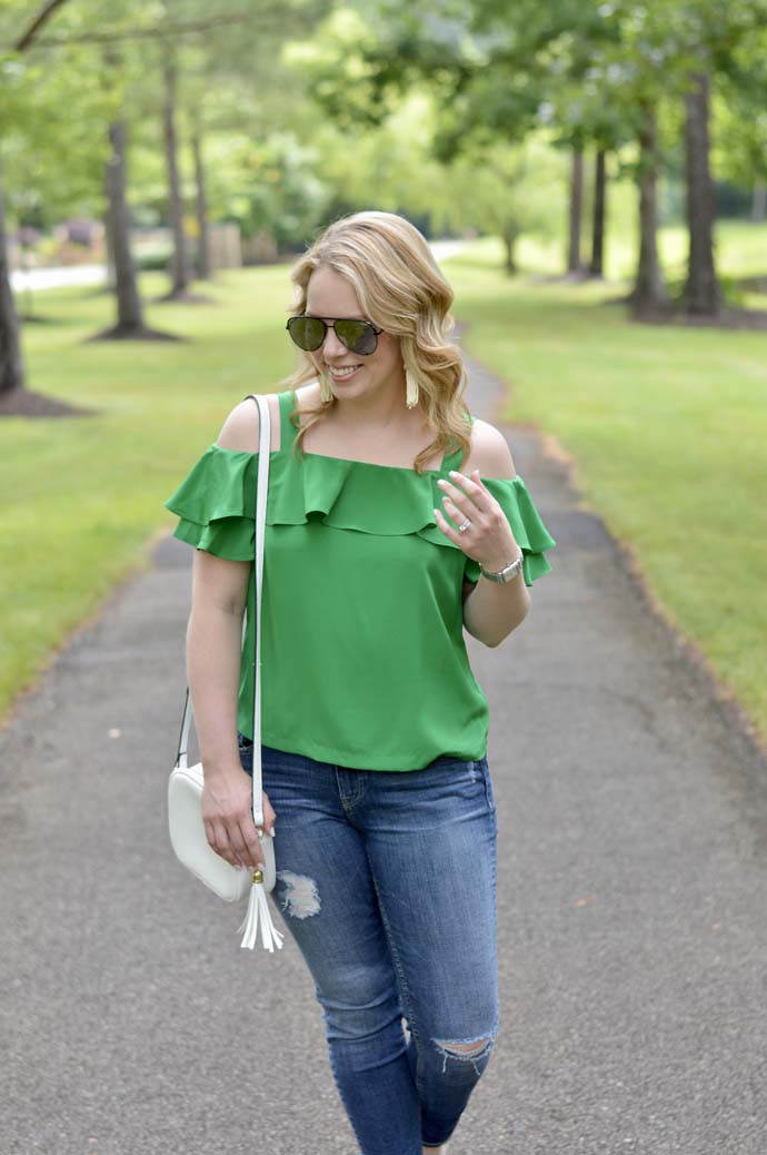 green ruffle top outfit