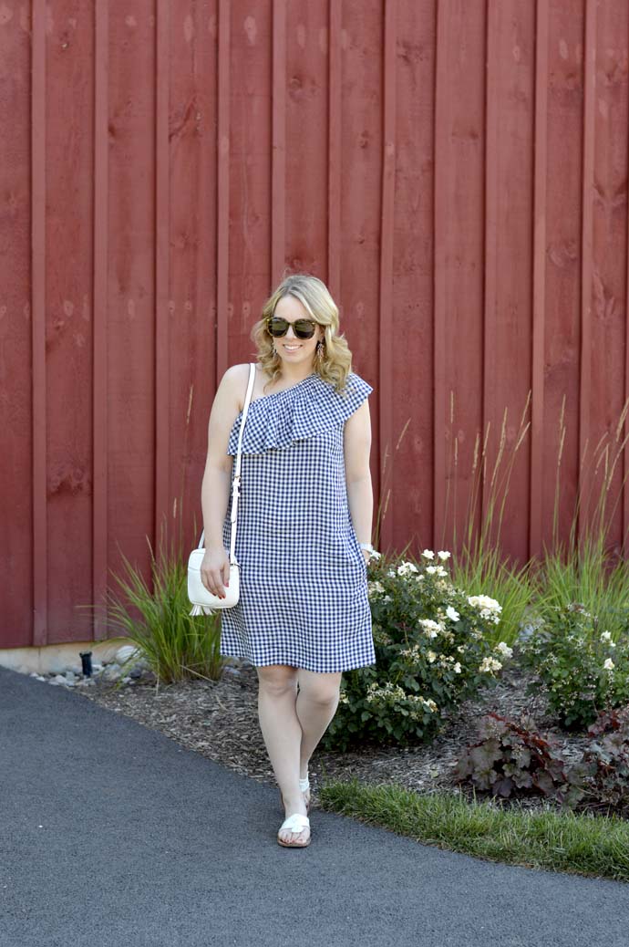 One Shoulder Gingham Dress Summer BBQ Outfit A Blonde s Moment