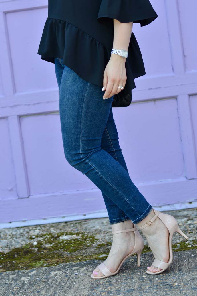 skinny jeans and ankle strap sandals