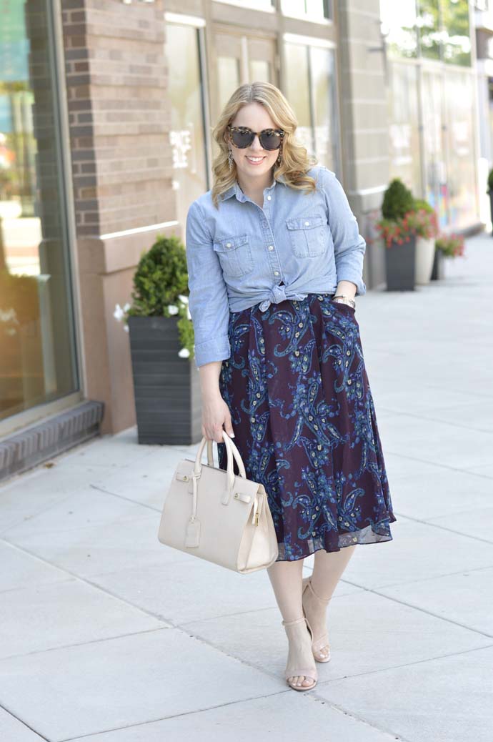 burgundy dress and chambray shirt