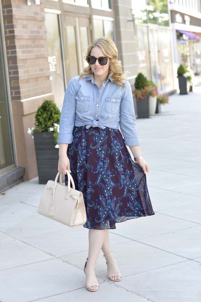 Burgundy Dress and Chambray Shirt - A Blonde's Moment