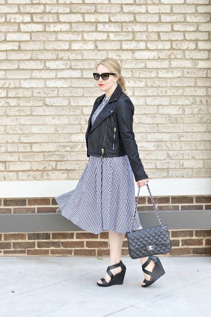 gingham dress and leather jacket