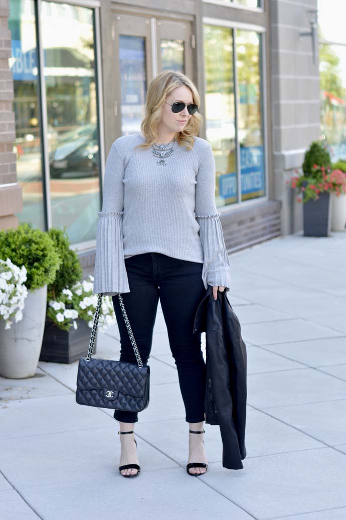 grey bell sleeve sweater outfit