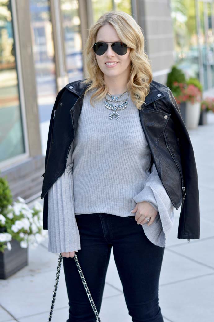 grey sweater leather jacket outfit