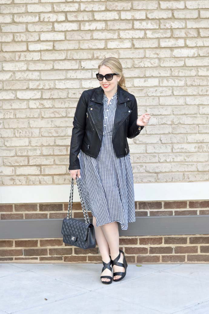 leather jacket gingham dress outfit