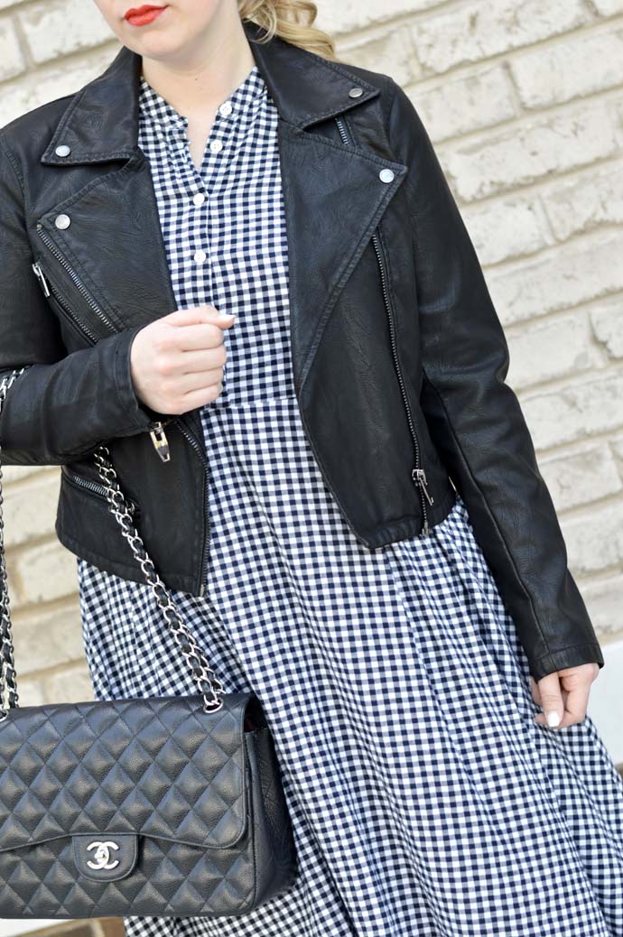 leather jacket gingham dress