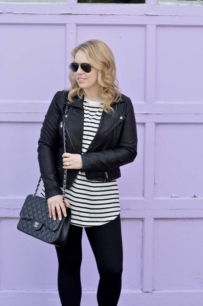 stripe tee faux leather jacket