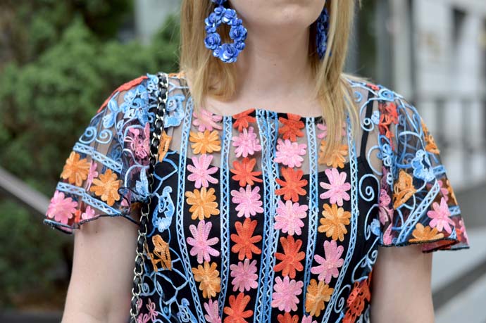 blue floral statement earrings