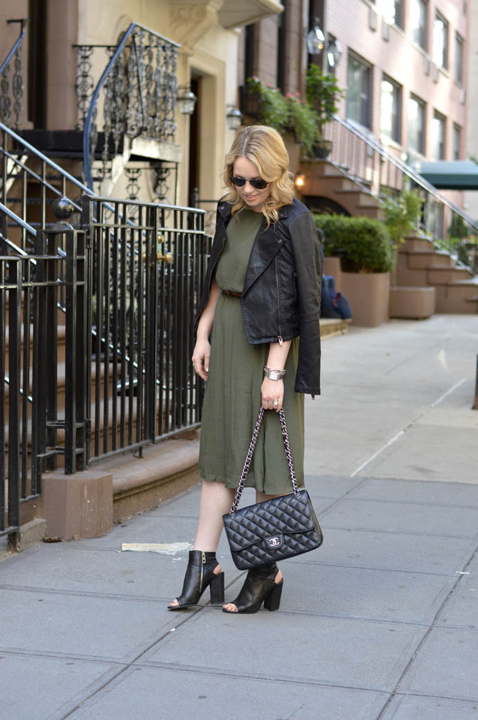 olive green dress leather jacket outfit