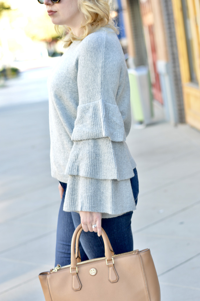 grey ruffle sleeve sweater