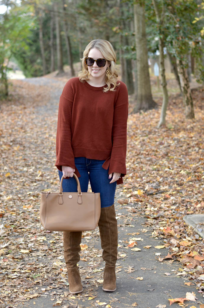 rust sweater brown boots outfit