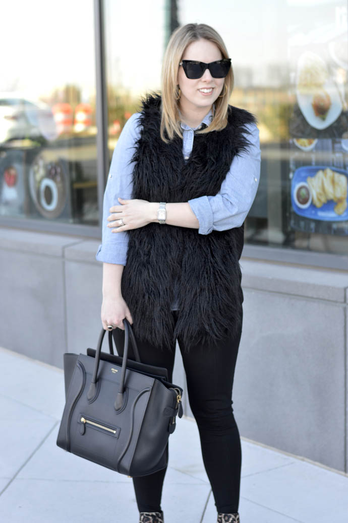 chambray shirt faux fur vest