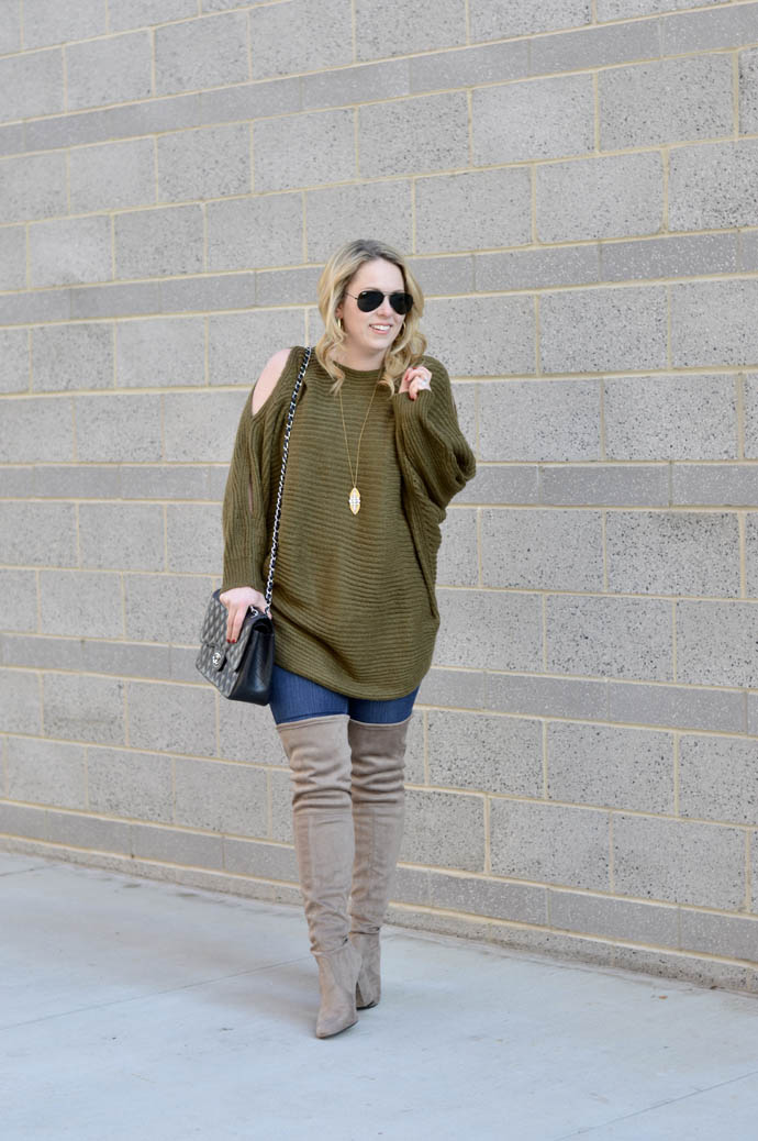 green cold shoulder sweater