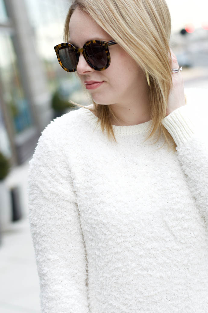 white fuzzy sweater outfit