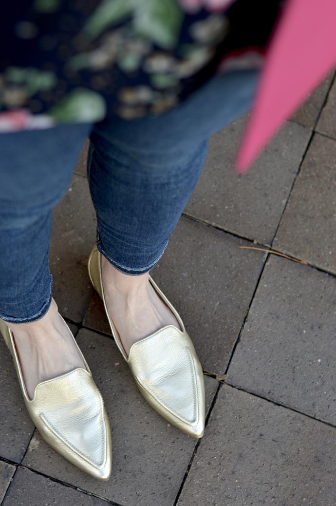 gold pointed toe loafers