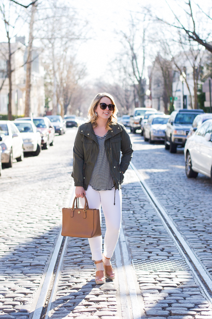 green utility jacket white jeans outfit