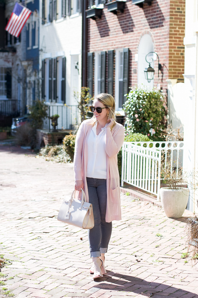 grey jeans blush sweater outfit