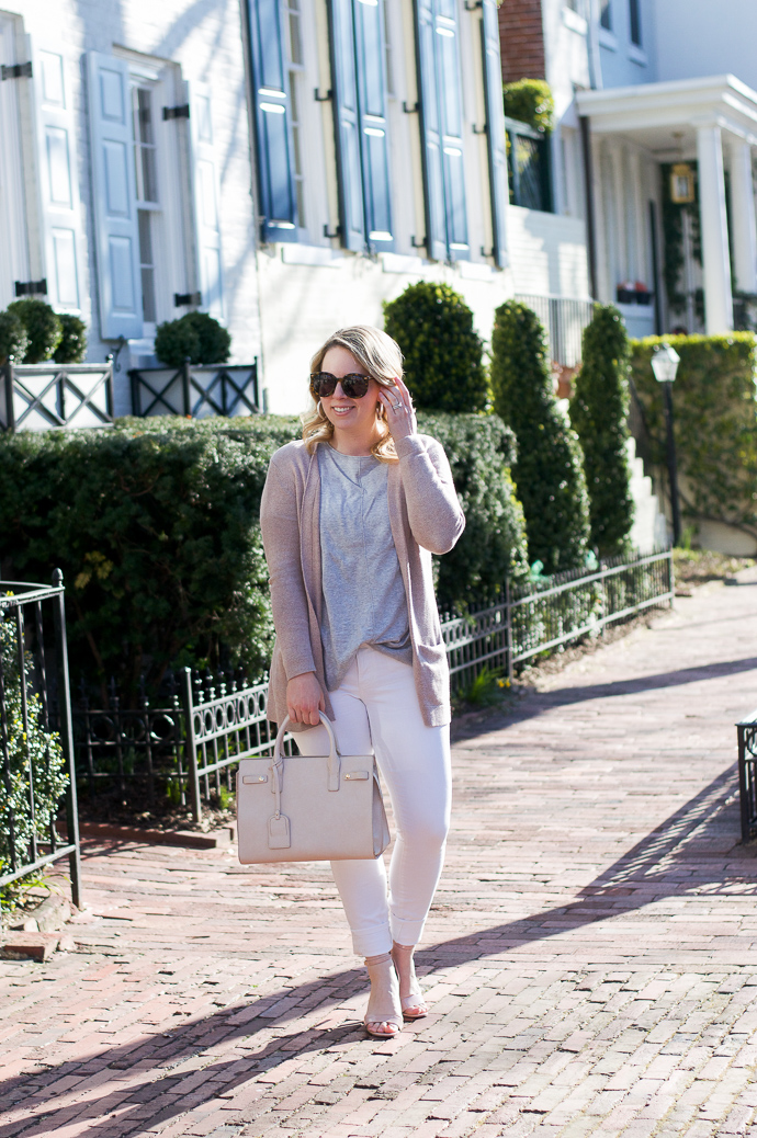 grey top beige sweater white jeans