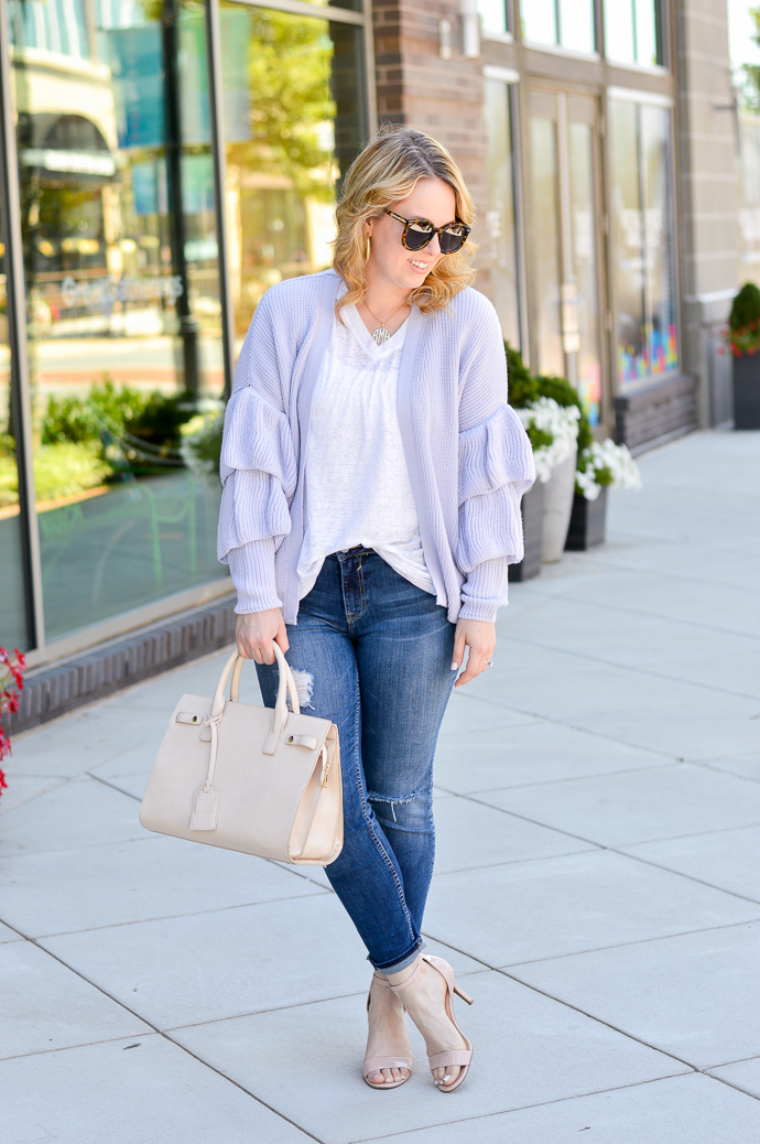 ruffle sleeve sweater jeans outfit
