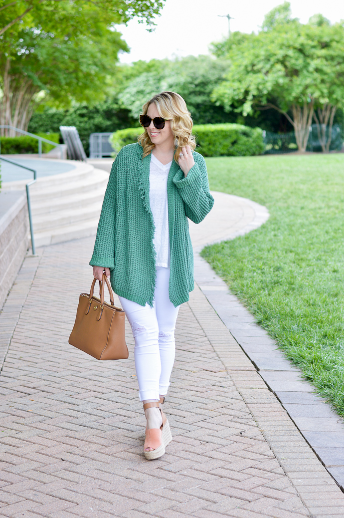 white jeans green cardigan outfit