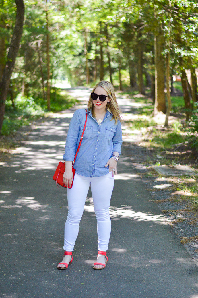 chambray shirt and white jeans