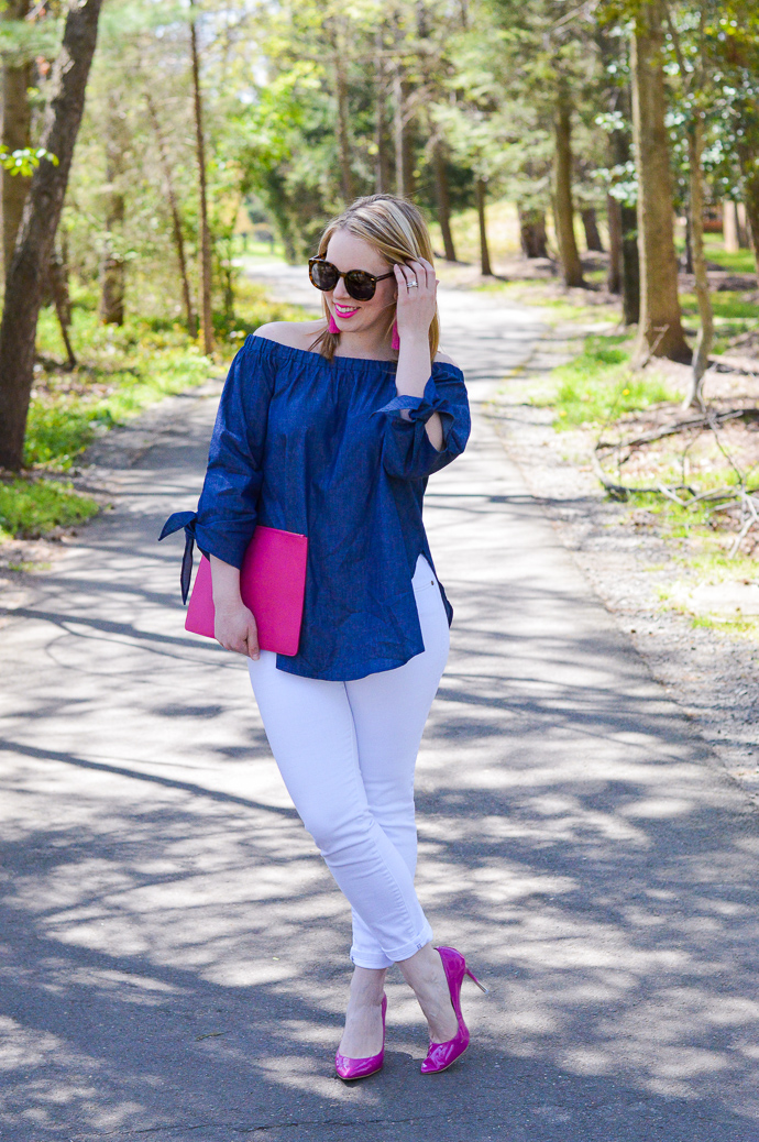 off the shoulder chambray shirt and white jeans