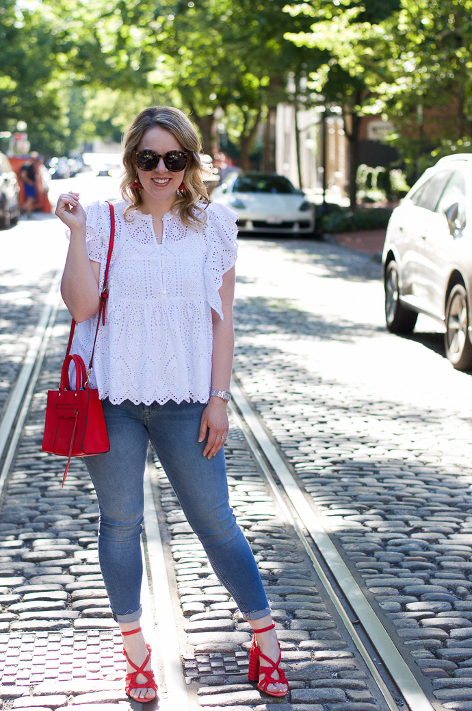 white eyelet top jeans outfit