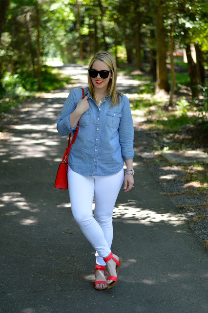 chambray shirt and white jeans outfit