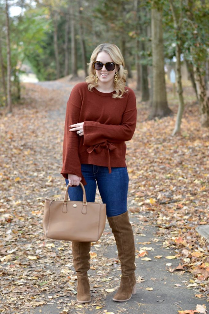 fall sweater with tie sleeves