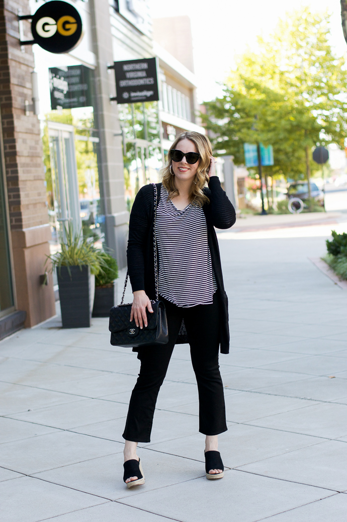black stripe tee and cardigan outfit