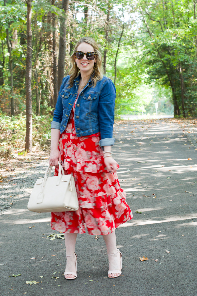 red maxi dress jean jacket outfit — bows & sequins