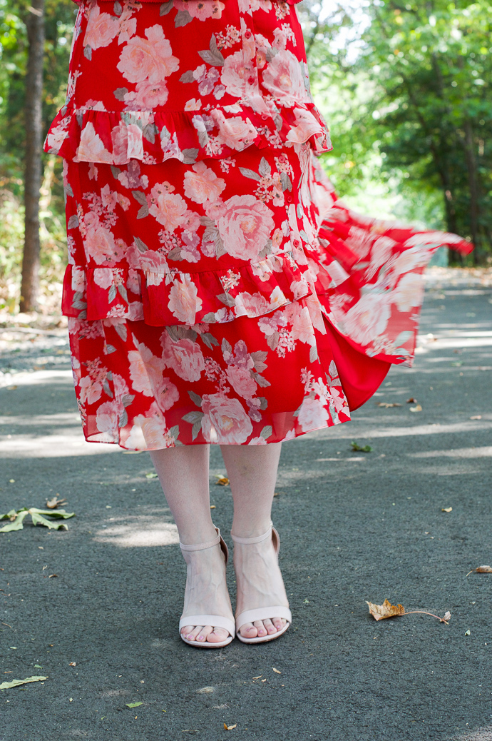 red ruffle floral dress