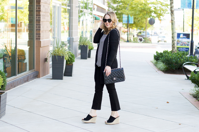 stripe tee and black cardigan outfit