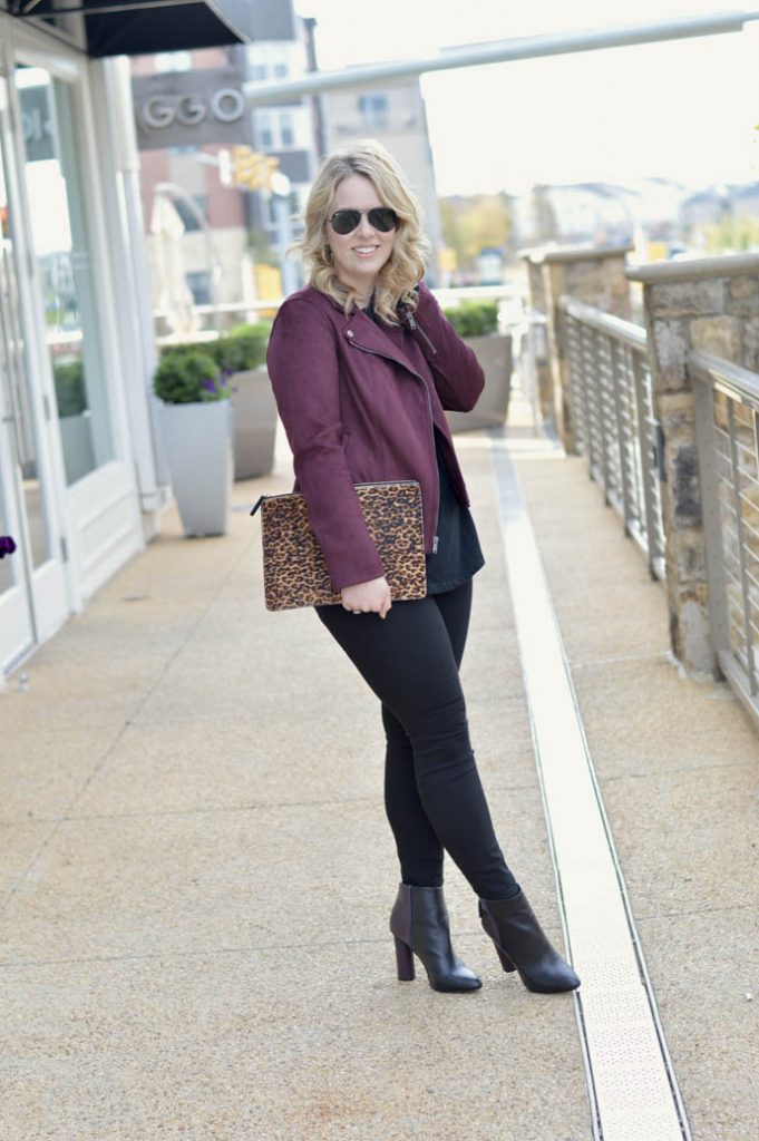 burgundy moto jacket fall outfit
