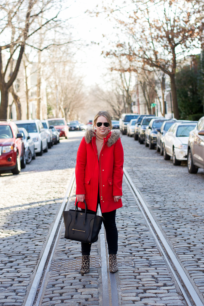 red winter coat outfit
