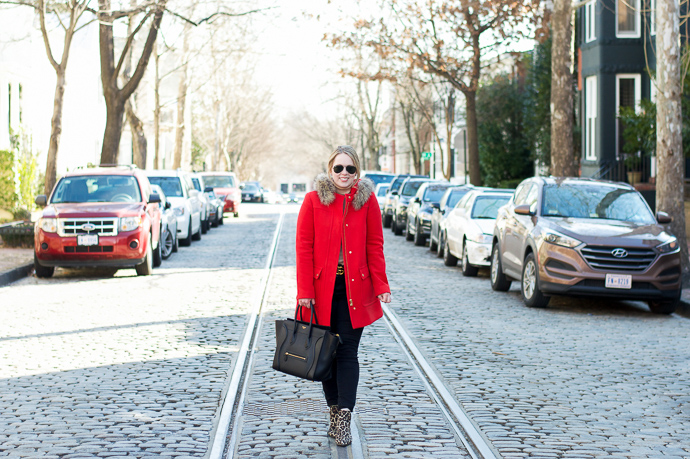 winter outfit red jacket