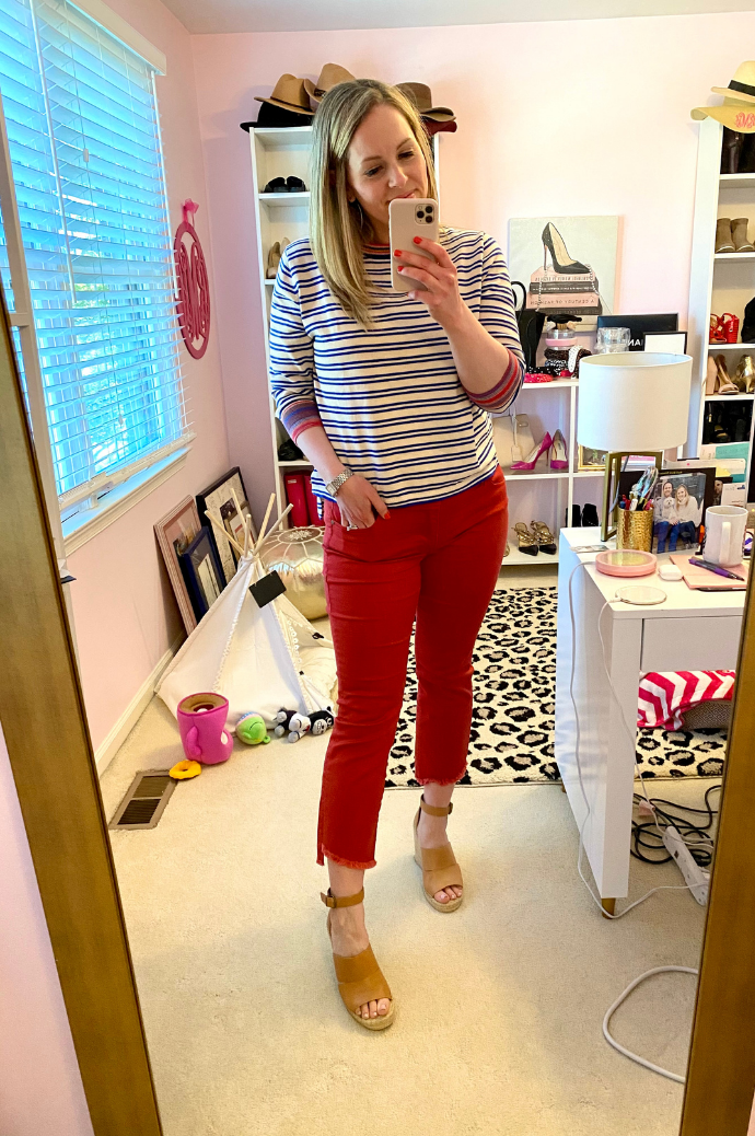 stripe sweater red jeans outfit